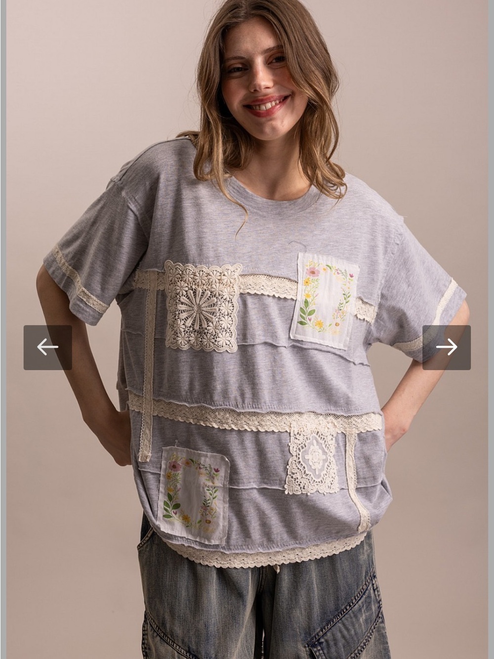 Bluevelvet Mineral Wash Patchwork Top with Crochet Details